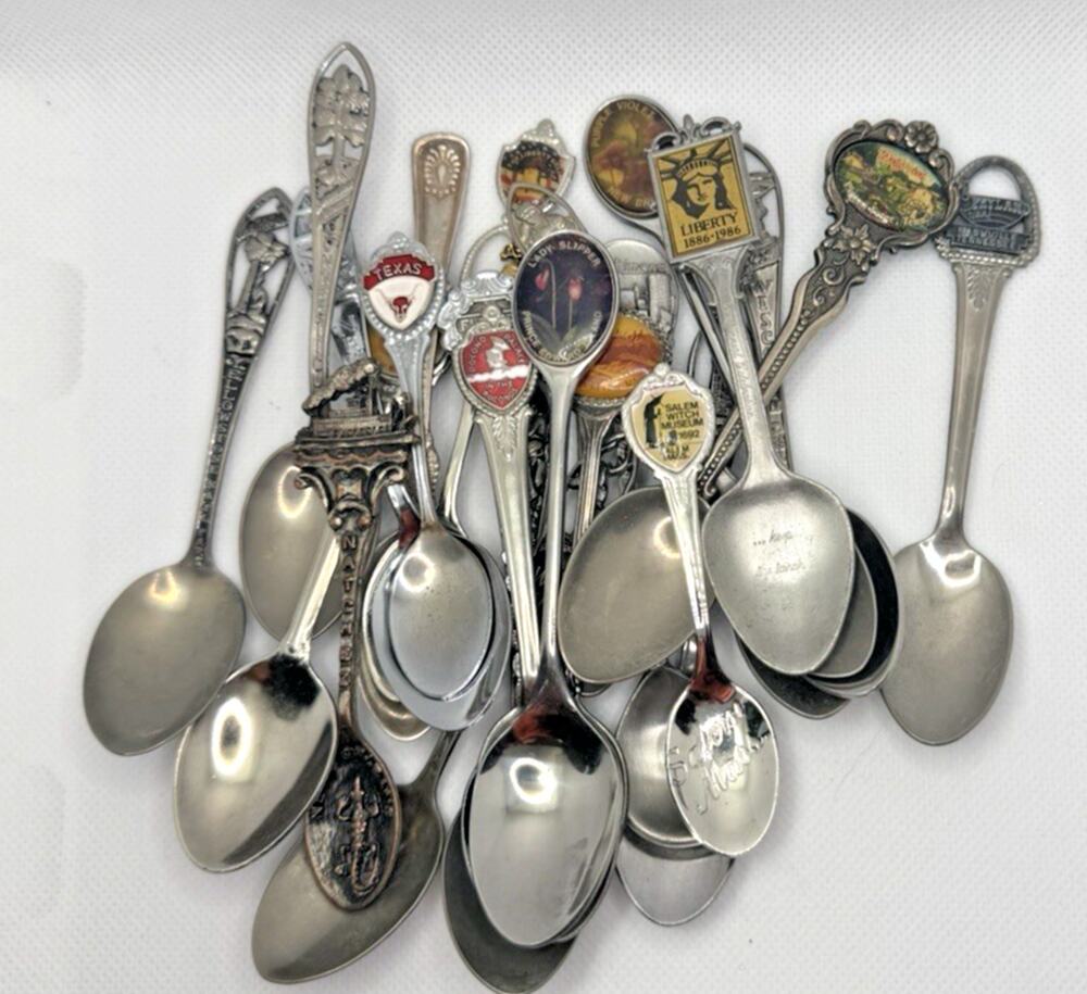 Vintage Souvenir Spoons Lot of 24 Silverplate Enameled Mini Collector Demitasse